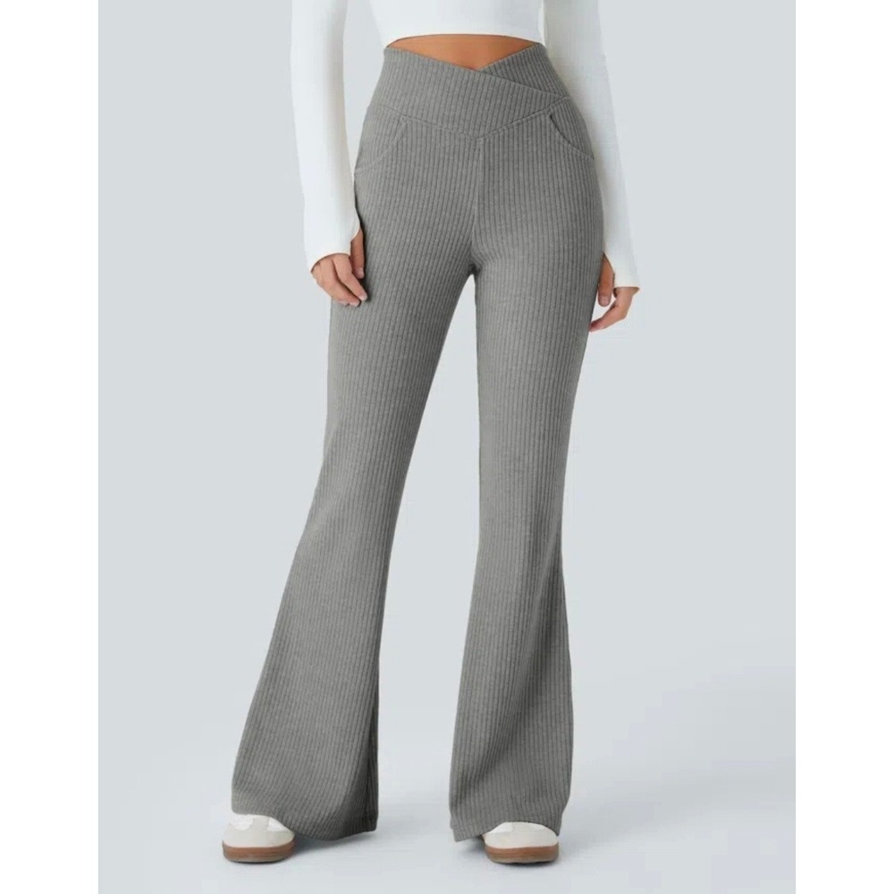 Halara Grey Ribbed Crossover High Waisted Flare Leg Pants Size M tall